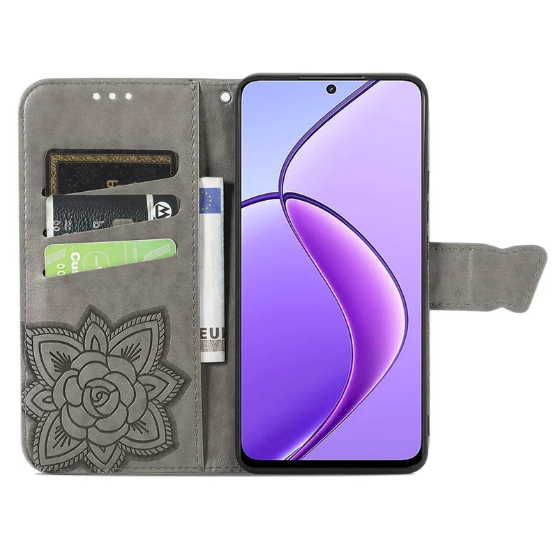Für Realme 12 5G-Hülle Schmetterlings-Prägung PU-Leder-Magnetklapp-Ständer-Handyhülle - Grau