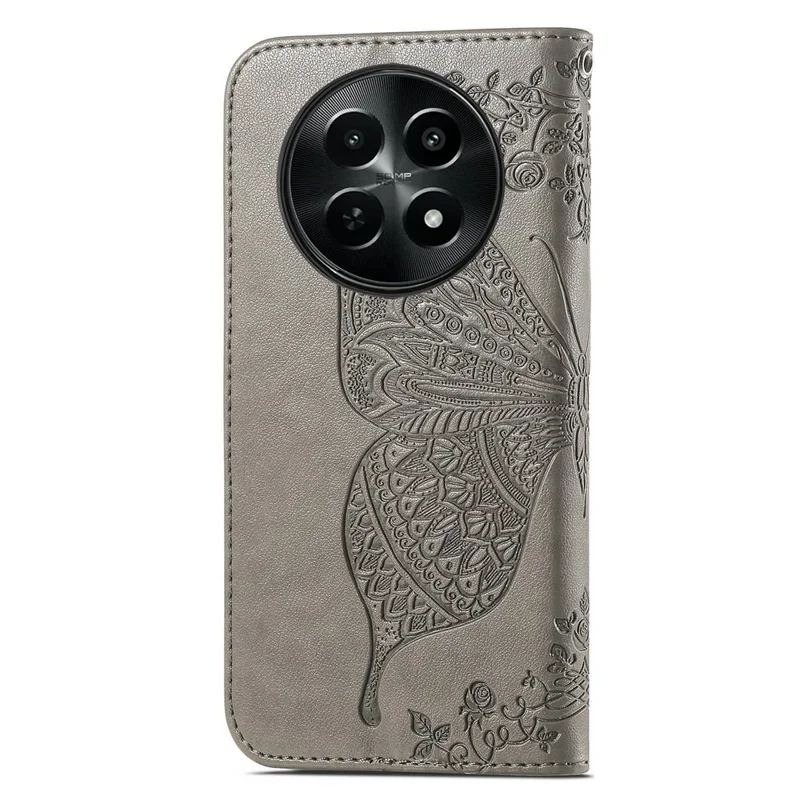 Für Realme 12 5G-Hülle Schmetterlings-Prägung PU-Leder-Magnetklapp-Ständer-Handyhülle - Grau