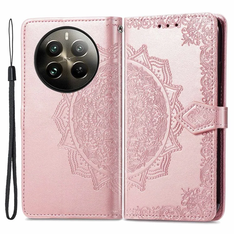 For Realme 12 Pro 5G / 12 Pro+ 5G Case Mandala Embossment Wallet Phone Leather Cover - Rose Gold