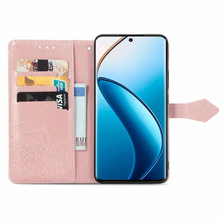 For Realme 12 Pro 5G / 12 Pro+ 5G Case Mandala Embossment Wallet Phone Leather Cover - Rose Gold