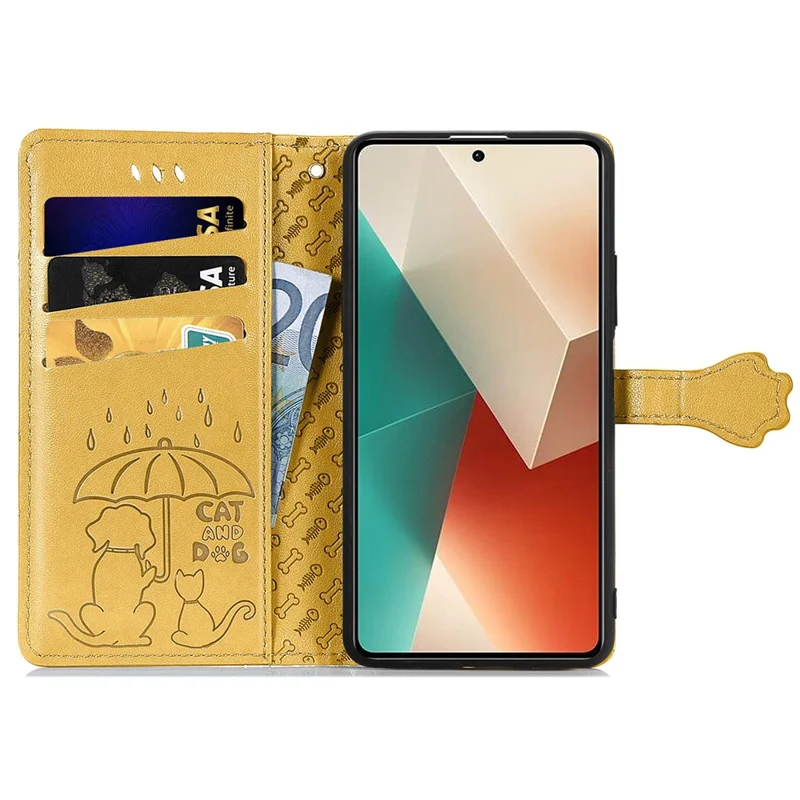 Para Xiaomi Redmi Note 13 4G Case Padrão de Gato e Cachorro Capa Protetora de Couro PU Flip - Amarelo