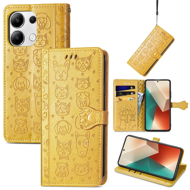 Para Xiaomi Redmi Note 13 4G Case Padrão de Gato e Cachorro Capa Protetora de Couro PU Flip - Amarelo