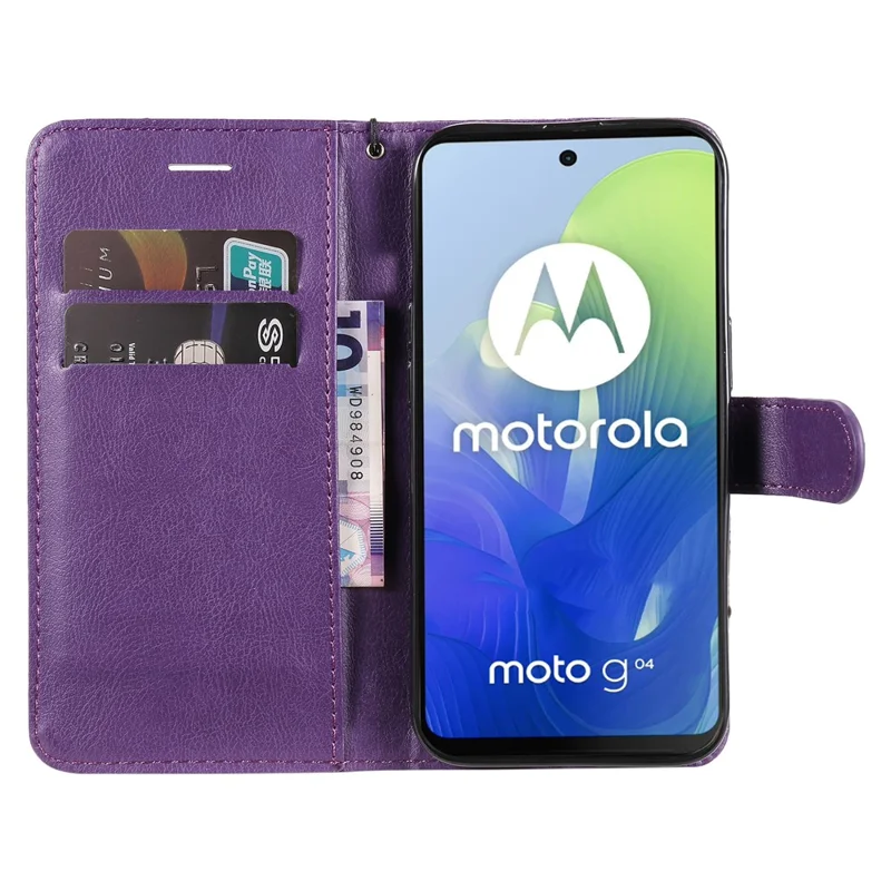 For Motorola Moto E14 4G / G04 4G / G04s 4G / G24 4G Case Solid Color Leather Mobile Cover Wallet Stand with Strap - Purple