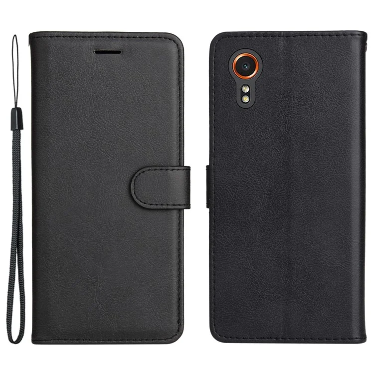 For Samsung Galaxy Xcover7 Case Solid Color Leather Mobile Cover Wallet Stand with Strap - Black
