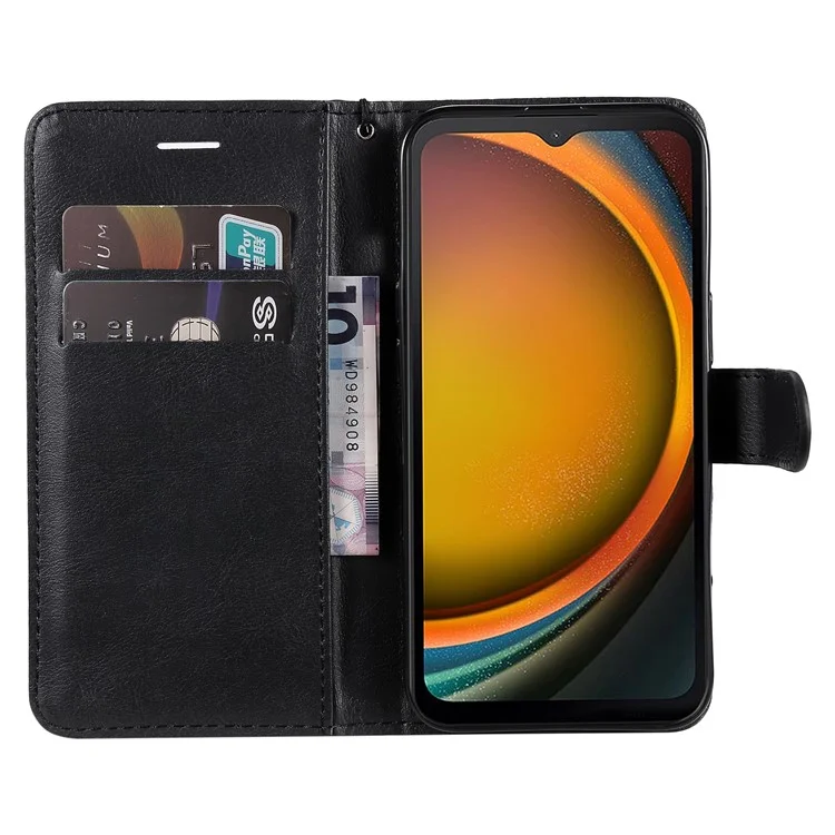 For Samsung Galaxy Xcover7 Case Solid Color Leather Mobile Cover Wallet Stand with Strap - Black