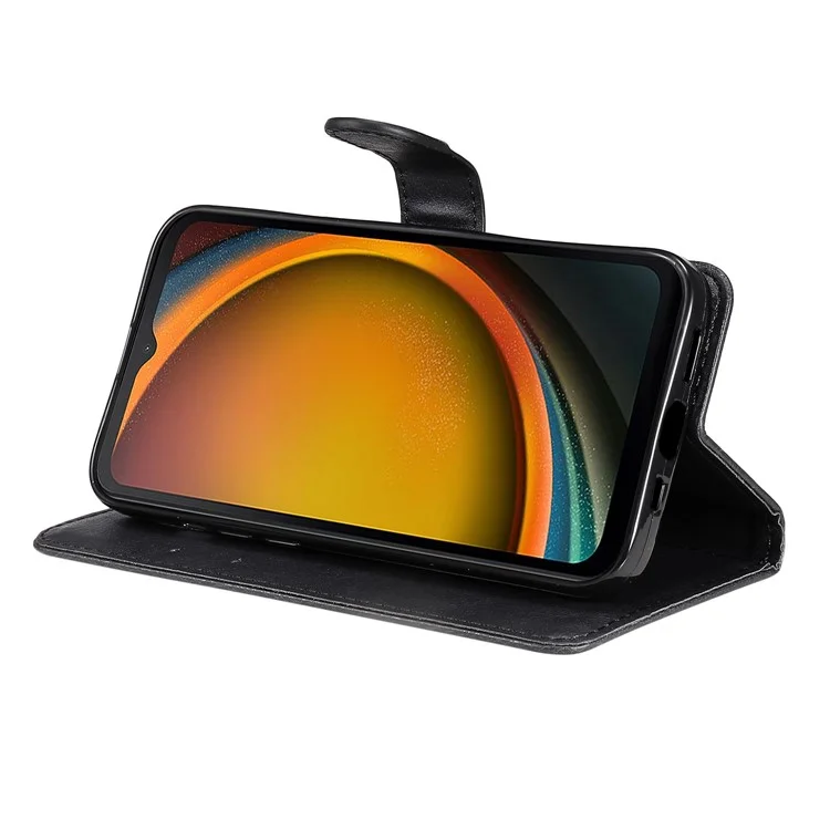 For Samsung Galaxy Xcover7 Case Solid Color Leather Mobile Cover Wallet Stand with Strap - Black