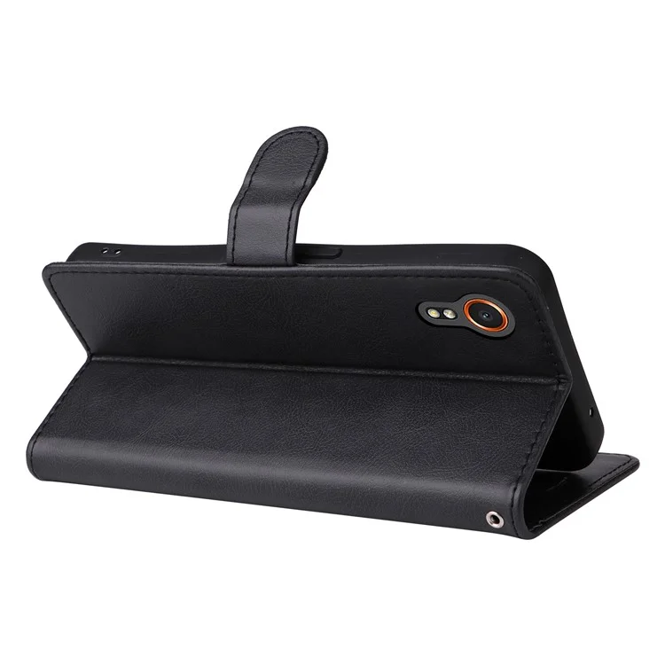 For Samsung Galaxy Xcover7 Case Solid Color Leather Mobile Cover Wallet Stand with Strap - Black