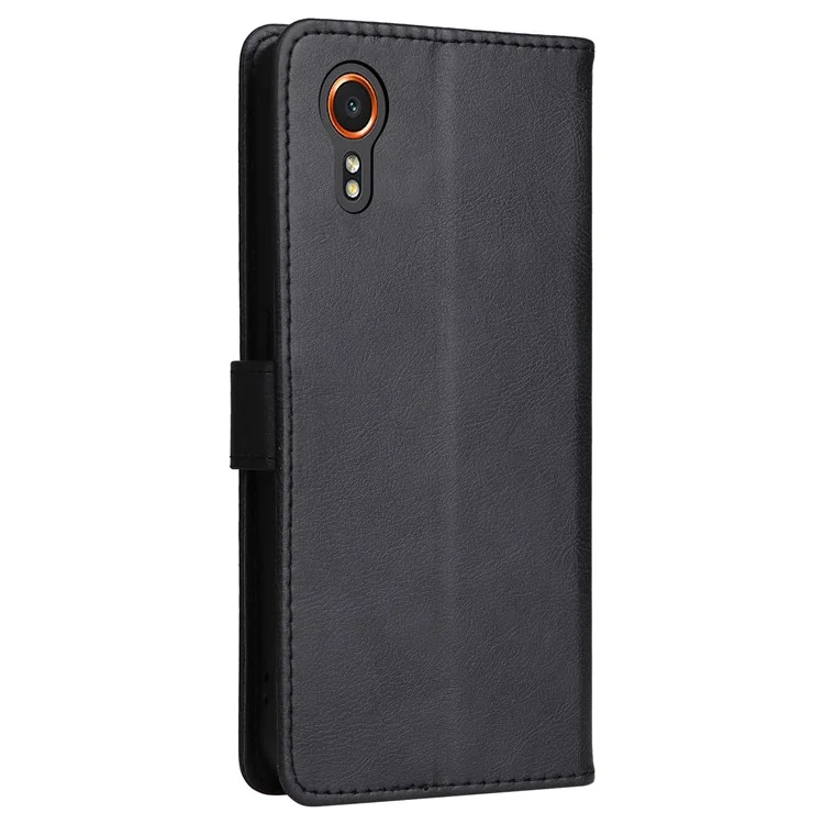 For Samsung Galaxy Xcover7 Case Solid Color Leather Mobile Cover Wallet Stand with Strap - Black