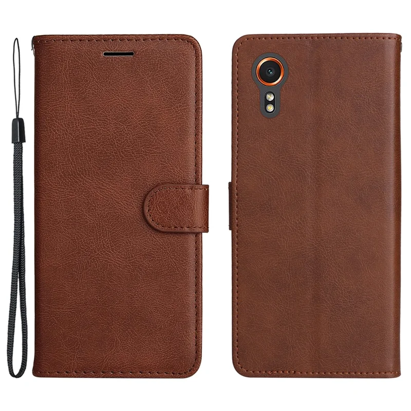 For Samsung Galaxy Xcover7 Case Solid Color Leather Mobile Cover Wallet Stand with Strap - Brown