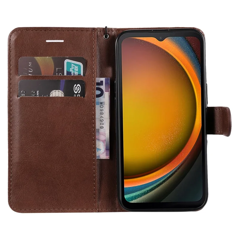 For Samsung Galaxy Xcover7 Case Solid Color Leather Mobile Cover Wallet Stand with Strap - Brown