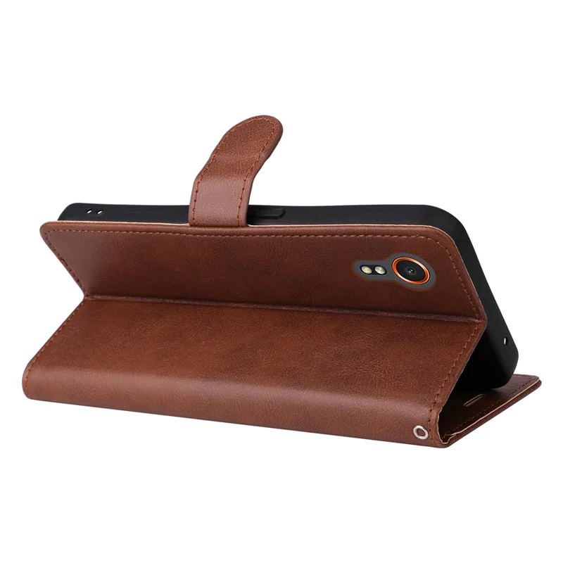 For Samsung Galaxy Xcover7 Case Solid Color Leather Mobile Cover Wallet Stand with Strap - Brown