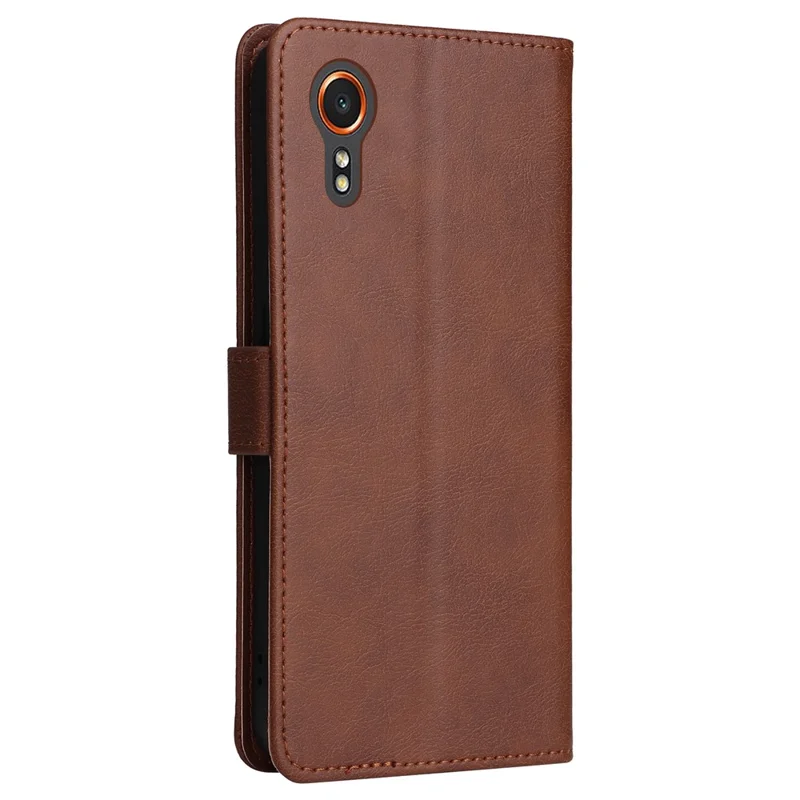 For Samsung Galaxy Xcover7 Case Solid Color Leather Mobile Cover Wallet Stand with Strap - Brown
