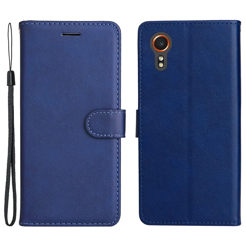 For Samsung Galaxy Xcover7 Case Solid Color Leather Mobile Cover Wallet Stand with Strap - Blue