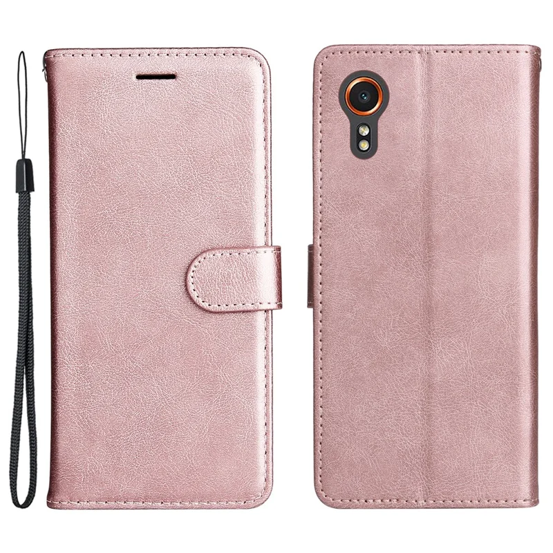 For Samsung Galaxy Xcover7 Case Solid Color Leather Mobile Cover Wallet Stand with Strap - Rose Gold