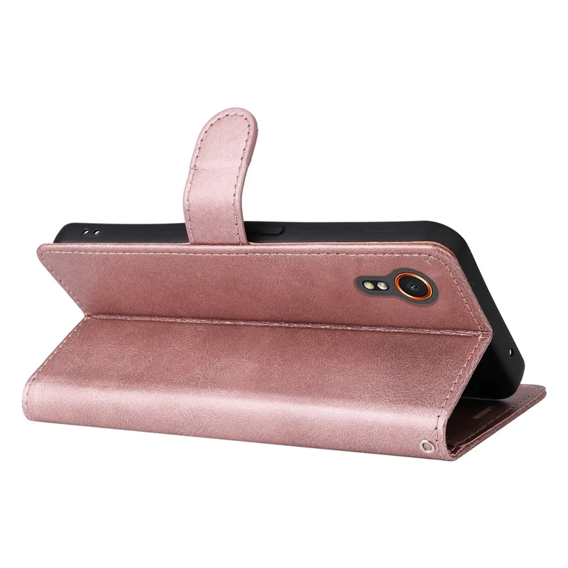 For Samsung Galaxy Xcover7 Case Solid Color Leather Mobile Cover Wallet Stand with Strap - Rose Gold