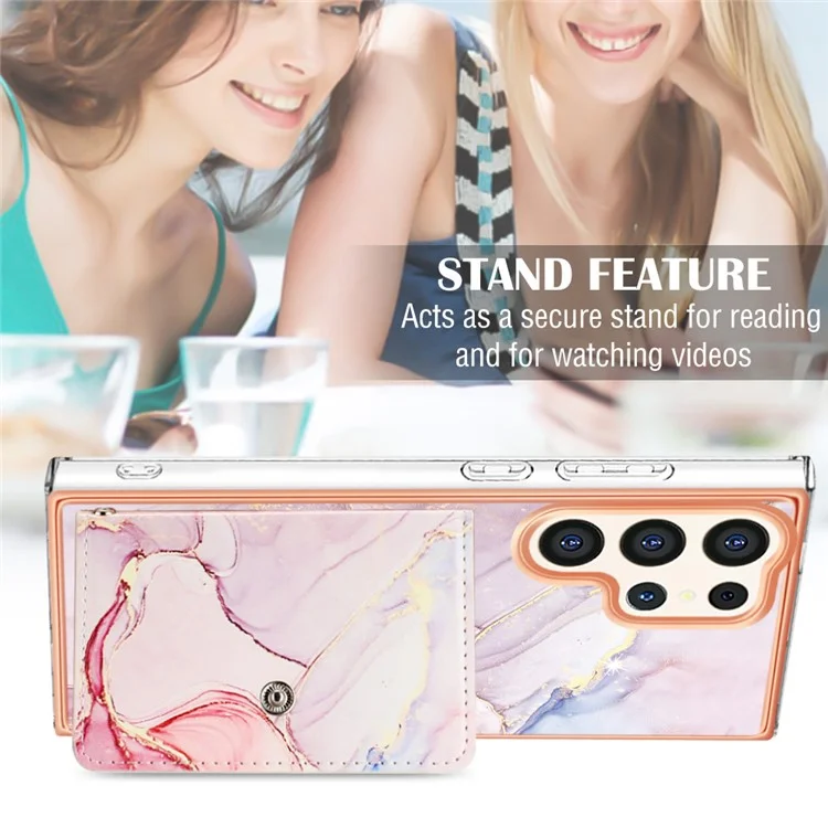 YB Leather Coating Series-9 für Samsung Galaxy S23 Ultra Case Card Slots Leather Coated TPU Kickstand Cover - 005 Rose Gold