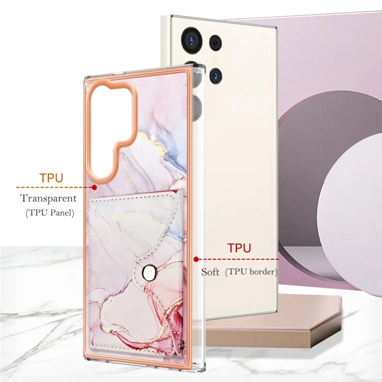 YB Leather Coating Series-9 für Samsung Galaxy S23 Ultra Case Card Slots Leather Coated TPU Kickstand Cover - 005 Rose Gold