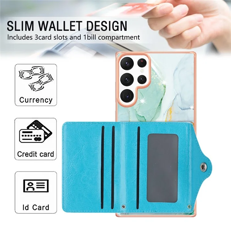 YB Leather Coating Series-9 for Samsung Galaxy S22 Ultra 5G Phone Case Card Holder Kickstand IMD Cover - 003 Green