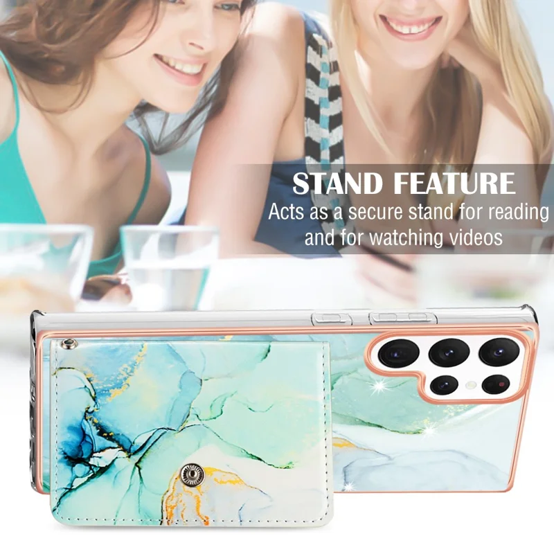 YB Leather Coating Series-9 for Samsung Galaxy S22 Ultra 5G Phone Case Card Holder Kickstand IMD Cover - 003 Green