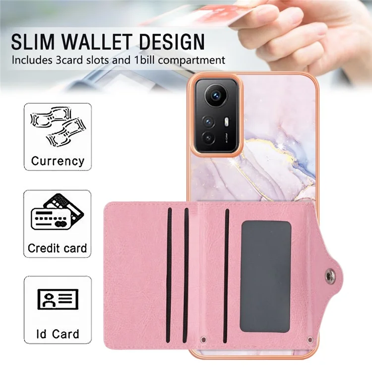 YB Leather Coating Series-9 per Custodia Xiaomi Redmi Note 12S 4G IMD Pattern Phone Card Bag Supporto - 005 Rose Gold