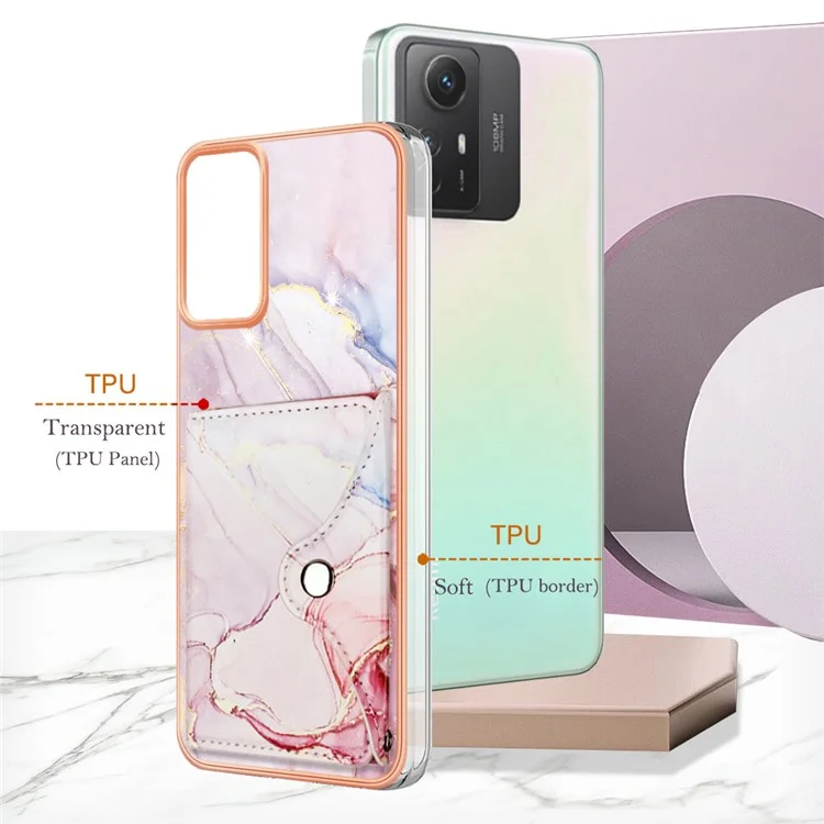 YB Leather Coating Series-9 per Custodia Xiaomi Redmi Note 12S 4G IMD Pattern Phone Card Bag Supporto - 005 Rose Gold