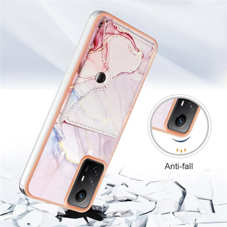 YB Leather Coating Series-9 per Custodia Xiaomi Redmi Note 12S 4G IMD Pattern Phone Card Bag Supporto - 005 Rose Gold