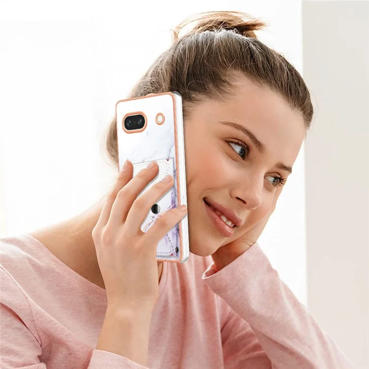 YB Leather Coating Series-9 for Google Pixel 7a Case IMD Pattern Leather+TPU Multifunctional Shell Cover - 006 White Purple