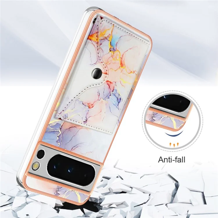 YB Кожаное покрытие Серия-9 для Google Pixel 8 Pro Чехол Держатель для карт Подставка Кожаная задняя крышка - 004 Белый мрамор