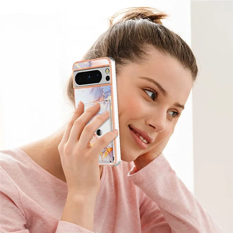 YB Кожаное покрытие Серия-9 для Google Pixel 8 Pro Чехол Держатель для карт Подставка Кожаная задняя крышка - 004 Белый мрамор
