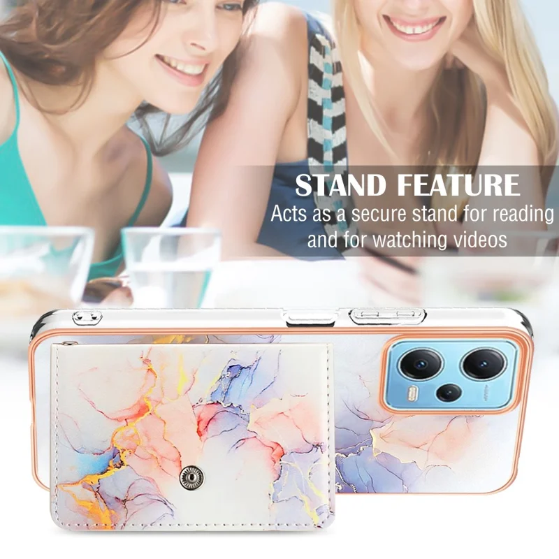 YB Leather Coating Series-9 для чехла Xiaomi Redmi Note 12 5G (Global) с подставкой, слотом для карты и покрытием PU+TPU - 004 мраморно-белый