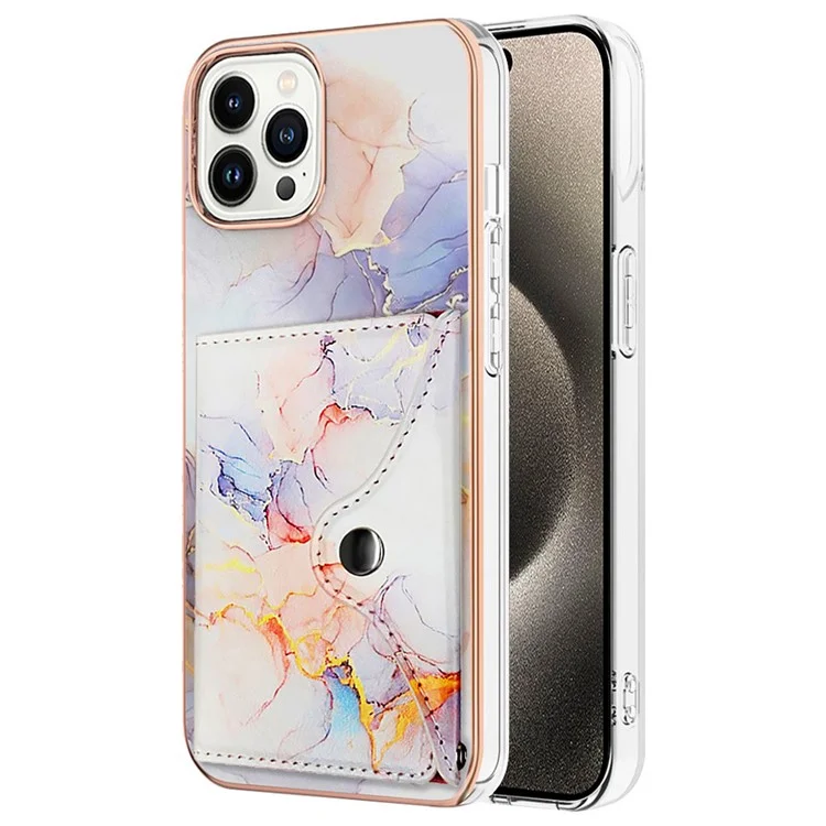 Serie de recubrimiento de cuero YB-9 para la carcasa del iPhone 15 Pro Cuero+TPU Soporte para tarjetas Cubierta del teléfono - 004 Blanco Mármol