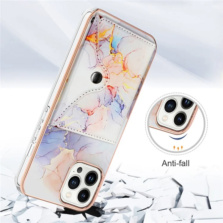 Serie de recubrimiento de cuero YB-9 para la carcasa del iPhone 15 Pro Cuero+TPU Soporte para tarjetas Cubierta del teléfono - 004 Blanco Mármol