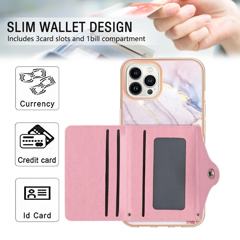 YB Leather Coating Series-9 for iPhone 15 Pro Case Leather+TPU Kickstand Card Slots Phone Cover - 005 Rose Gold
