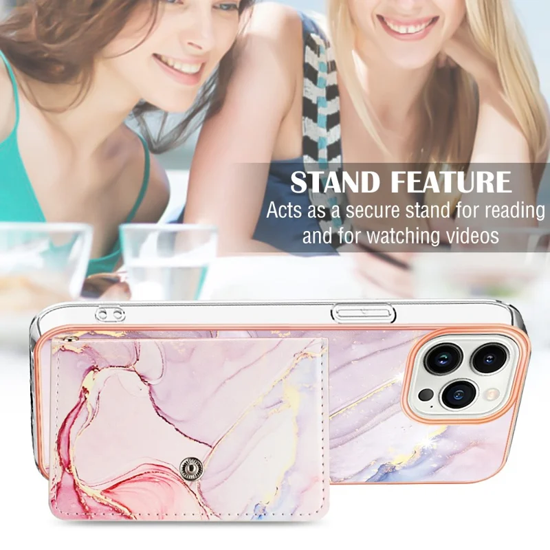 YB Leather Coating Series-9 for iPhone 15 Pro Case Leather+TPU Kickstand Card Slots Phone Cover - 005 Rose Gold
