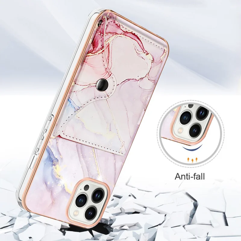 YB Leather Coating Series-9 for iPhone 15 Pro Case Leather+TPU Kickstand Card Slots Phone Cover - 005 Rose Gold