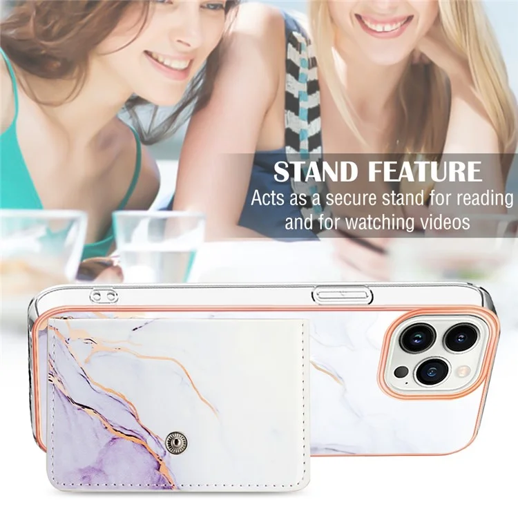 YB Leather Coating Series-9 for iPhone 14 Pro Max Case IMD Pattern Card Holder Leather+TPU Cover - 006 White Purple