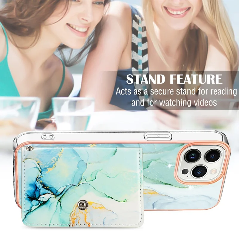 YB Leather Coating Series-9 for iPhone 15 Pro Max Case Card Slot Kickstand PU+TPU IMD Phone Cover - 003 Green