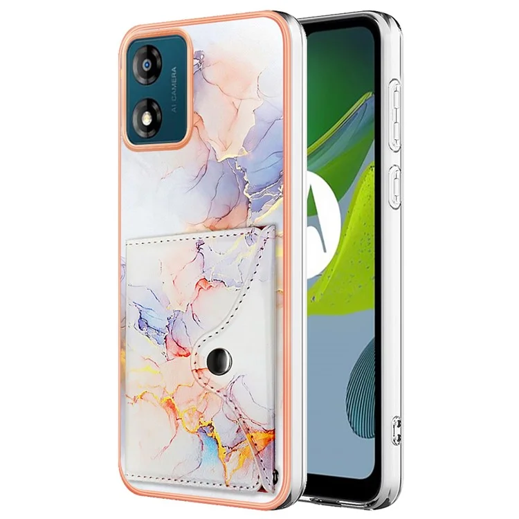 Serie di rivestimenti in pelle YB-9 per Motorola Moto E13 4G Card Case Kickstand IMD Leather+TPU Phone Cover - 004 Marble White