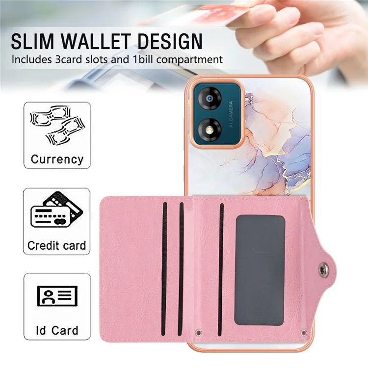 Serie di rivestimenti in pelle YB-9 per Motorola Moto E13 4G Card Case Kickstand IMD Leather+TPU Phone Cover - 004 Marble White