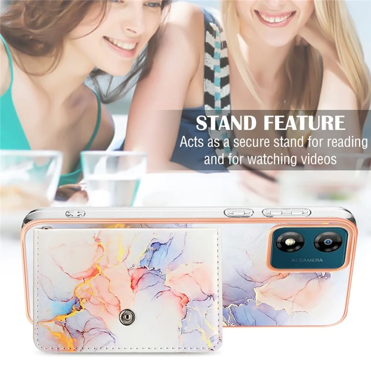 Serie di rivestimenti in pelle YB-9 per Motorola Moto E13 4G Card Case Kickstand IMD Leather+TPU Phone Cover - 004 Marble White