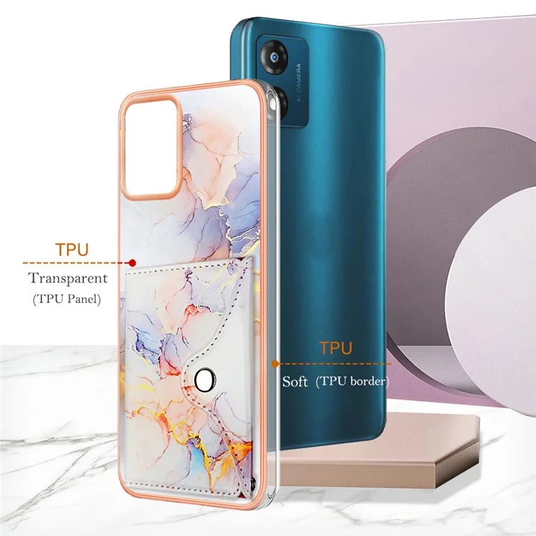 Serie di rivestimenti in pelle YB-9 per Motorola Moto E13 4G Card Case Kickstand IMD Leather+TPU Phone Cover - 004 Marble White