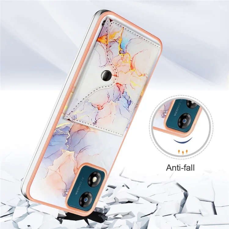 Serie di rivestimenti in pelle YB-9 per Motorola Moto E13 4G Card Case Kickstand IMD Leather+TPU Phone Cover - 004 Marble White