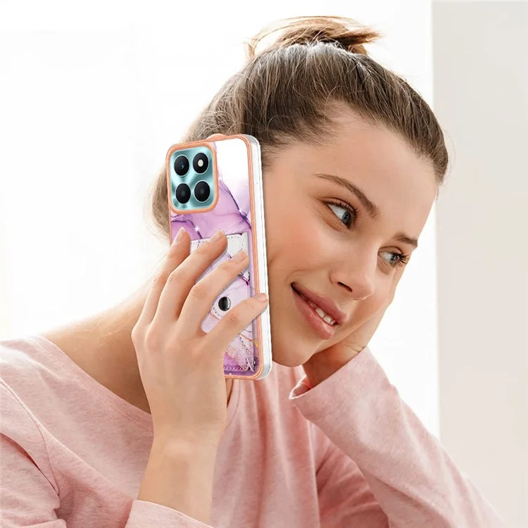 YB Leather Coating Series-9 for Honor X6a 4G Case IMD Kickstand Phone Back Cover with Card Slots - 001 Purple