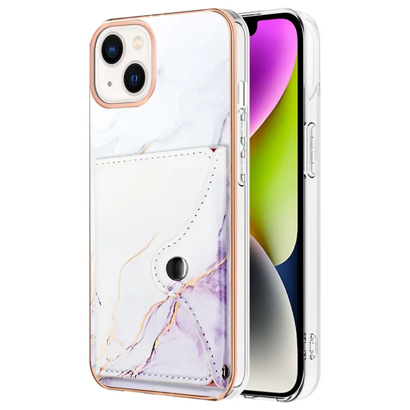 Серия покрытия YB Leather для iPhone 14 Card Slot Case Kickstand IMD PU+TPU Phone Cover - 006 White Purple