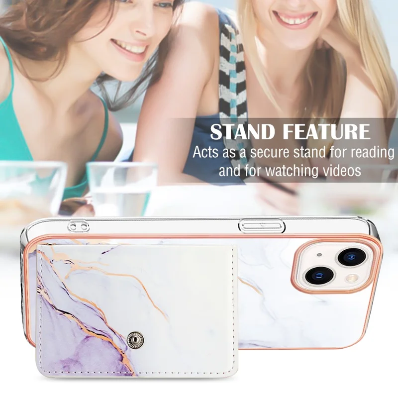 Серия покрытия YB Leather для iPhone 14 Card Slot Case Kickstand IMD PU+TPU Phone Cover - 006 White Purple
