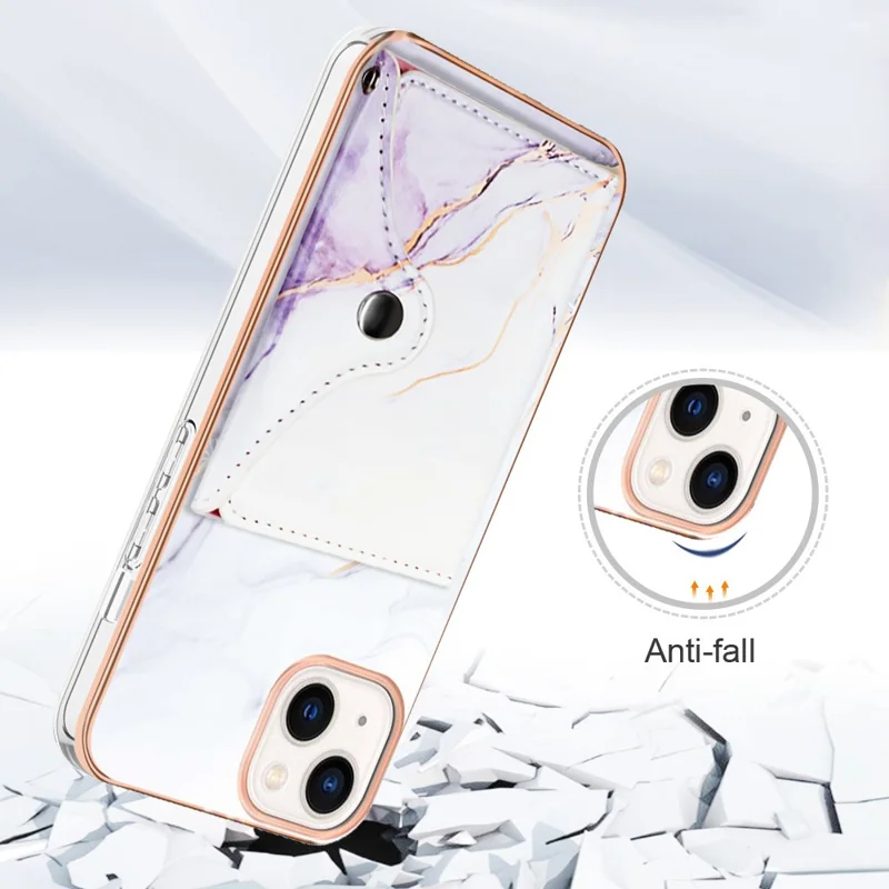 Серия покрытия YB Leather для iPhone 14 Card Slot Case Kickstand IMD PU+TPU Phone Cover - 006 White Purple