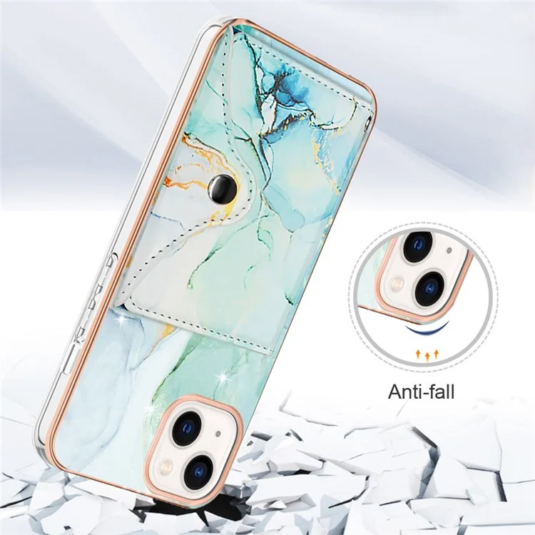 YB Leather Coating Series-9 for iPhone 14 Plus IMD Case Card Slot PU+TPU Phone Shell with Kickstand - 003 Green