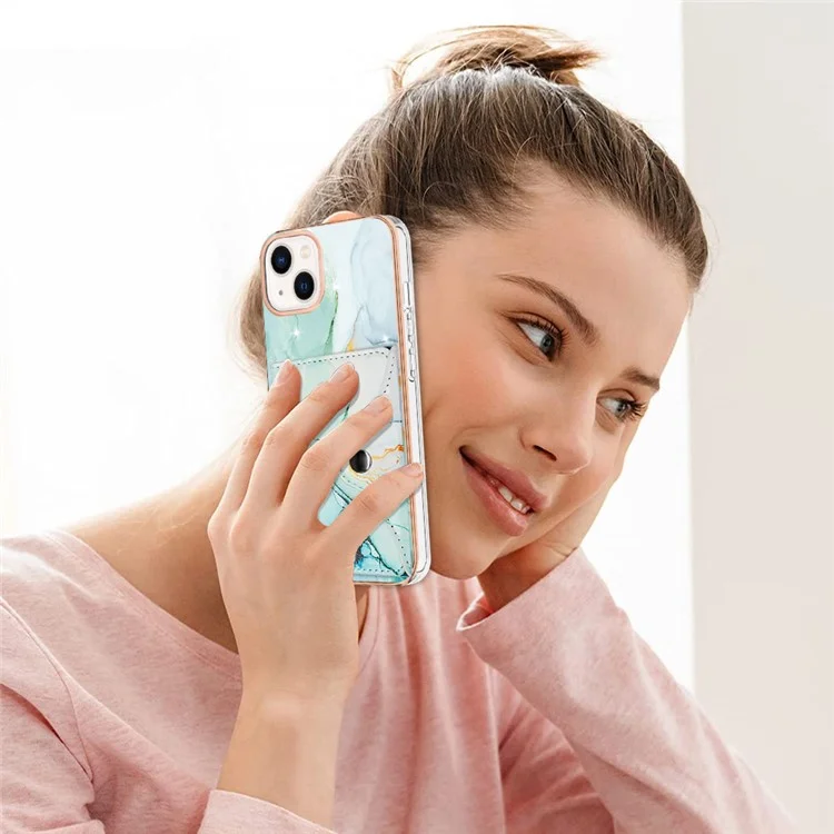 YB Leather Coating Series-9 for iPhone 14 Plus IMD Case Card Slot PU+TPU Phone Shell with Kickstand - 003 Green