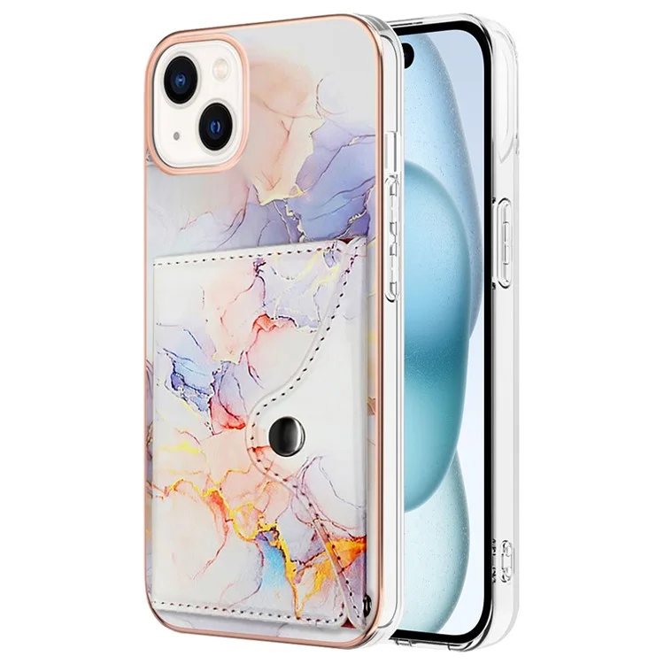 YB Leather Coating Series-9 für iPhone 15 Case IMD Leather+TPU Kartenfächer Schutzhülle - 004 Marmorweiß