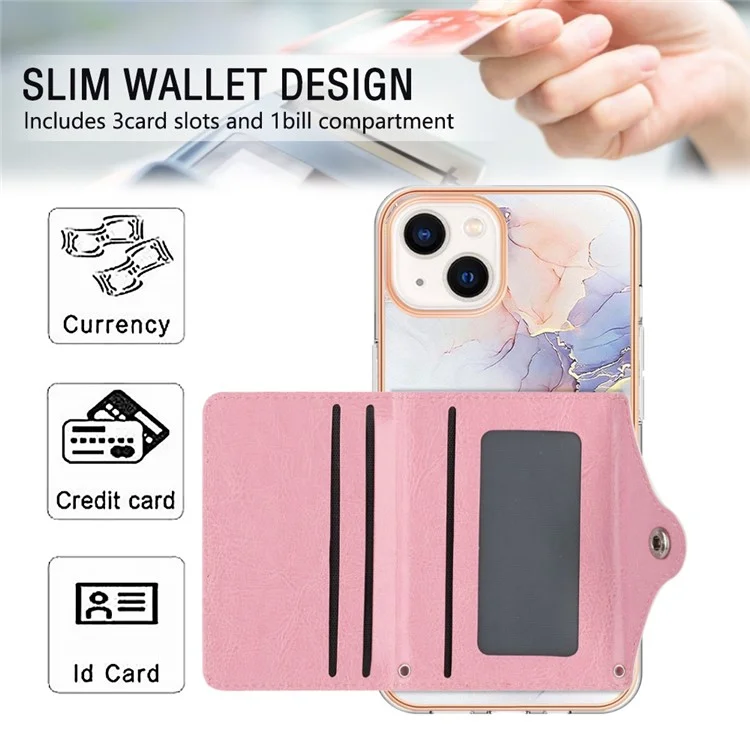 YB Leather Coating Series-9 für iPhone 15 Case IMD Leather+TPU Kartenfächer Schutzhülle - 004 Marmorweiß